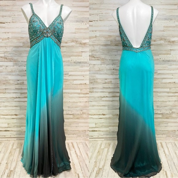 Sue Wong Dresses & Skirts - Sue Wong Nocturne Silk Beaded Backless Maxi Dress Womens Size 6 Teal Drape Front
